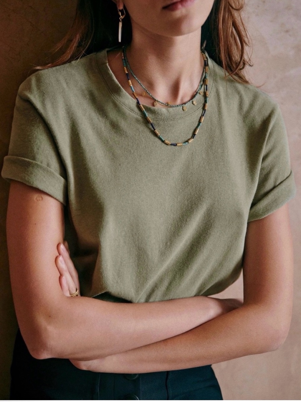NWT Sezane martha Olive Crewneck Rolled-Sleeve Tee
